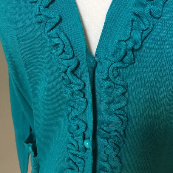 Talbots S teal ruffled cardigan - Picture 4 of 5